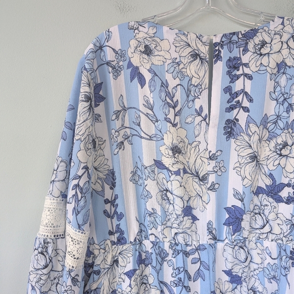 NWT New York & Company Blue & White Floral Print Babydoll Long Sleeve Dress - Picture 13 of 14